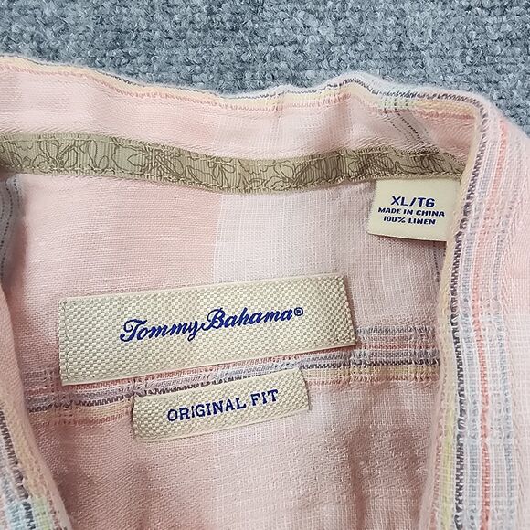Tommy Bahama Shirt Mens XL Plaid Linen Camp Loop Collar Coconut Buttons Sur Mer - Picture 2 of 16